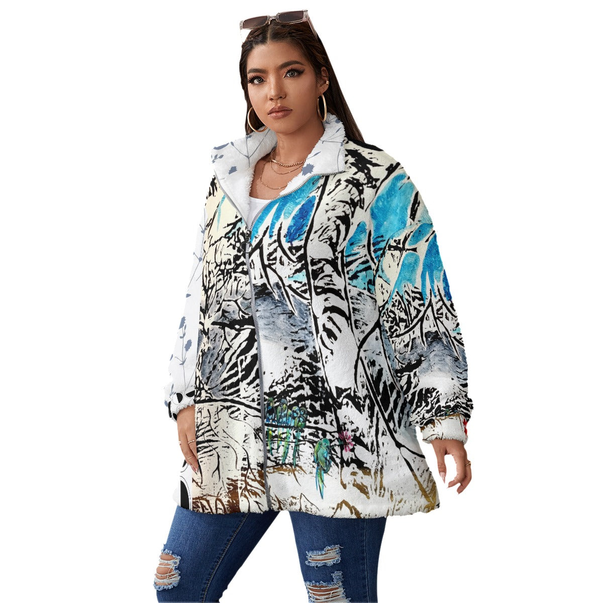 All-Over Print Women's Borg Fleece Stand-up Collar Coat With Zipper Closure(Plus Size)