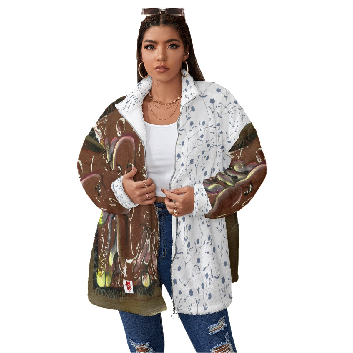 All-Over Print Women's Borg Fleece Stand-up Collar Coat With Zipper Closure(Plus Size) Winter 2023