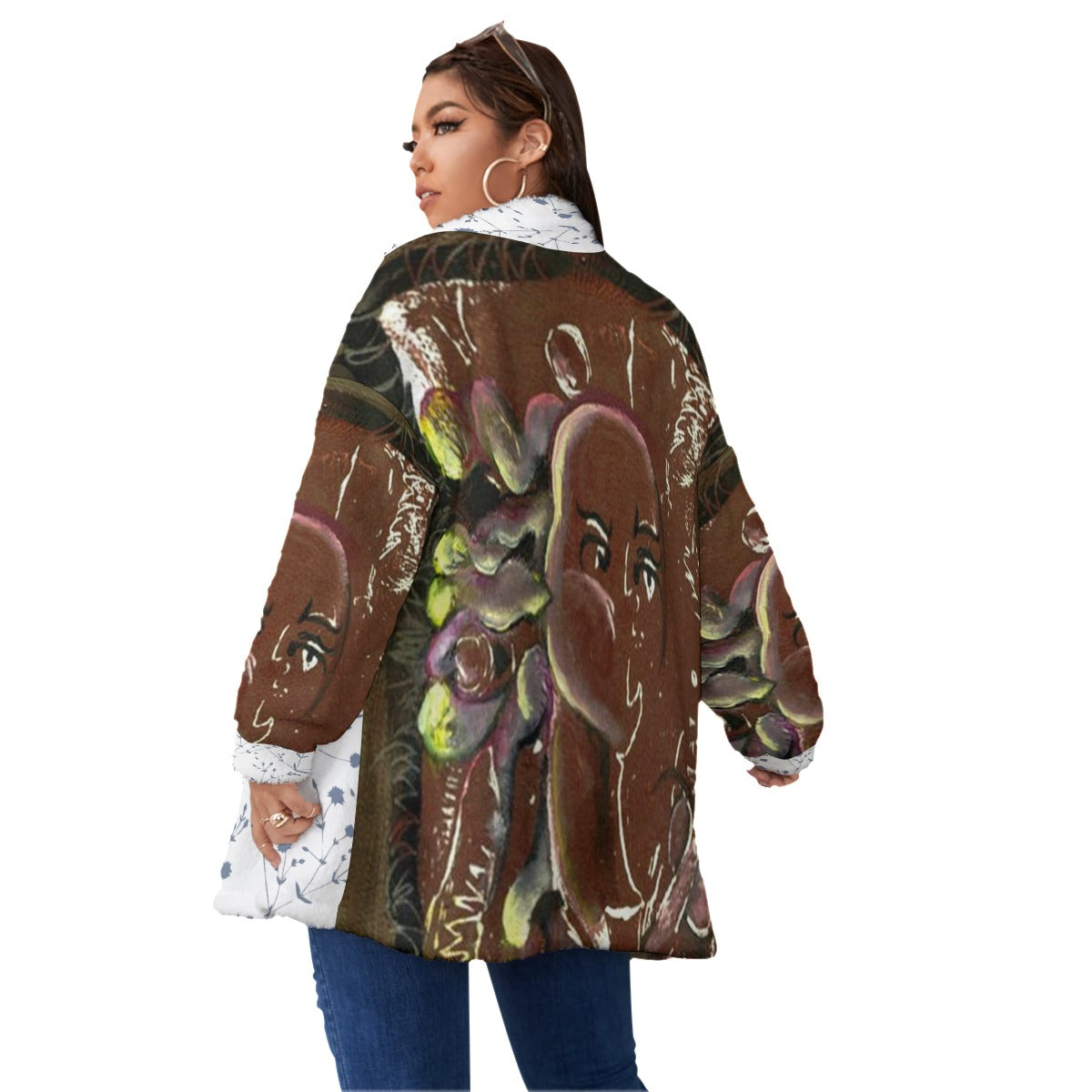 All-Over Print Women's Borg Fleece Stand-up Collar Coat With Zipper Closure(Plus Size) Winter 2023
