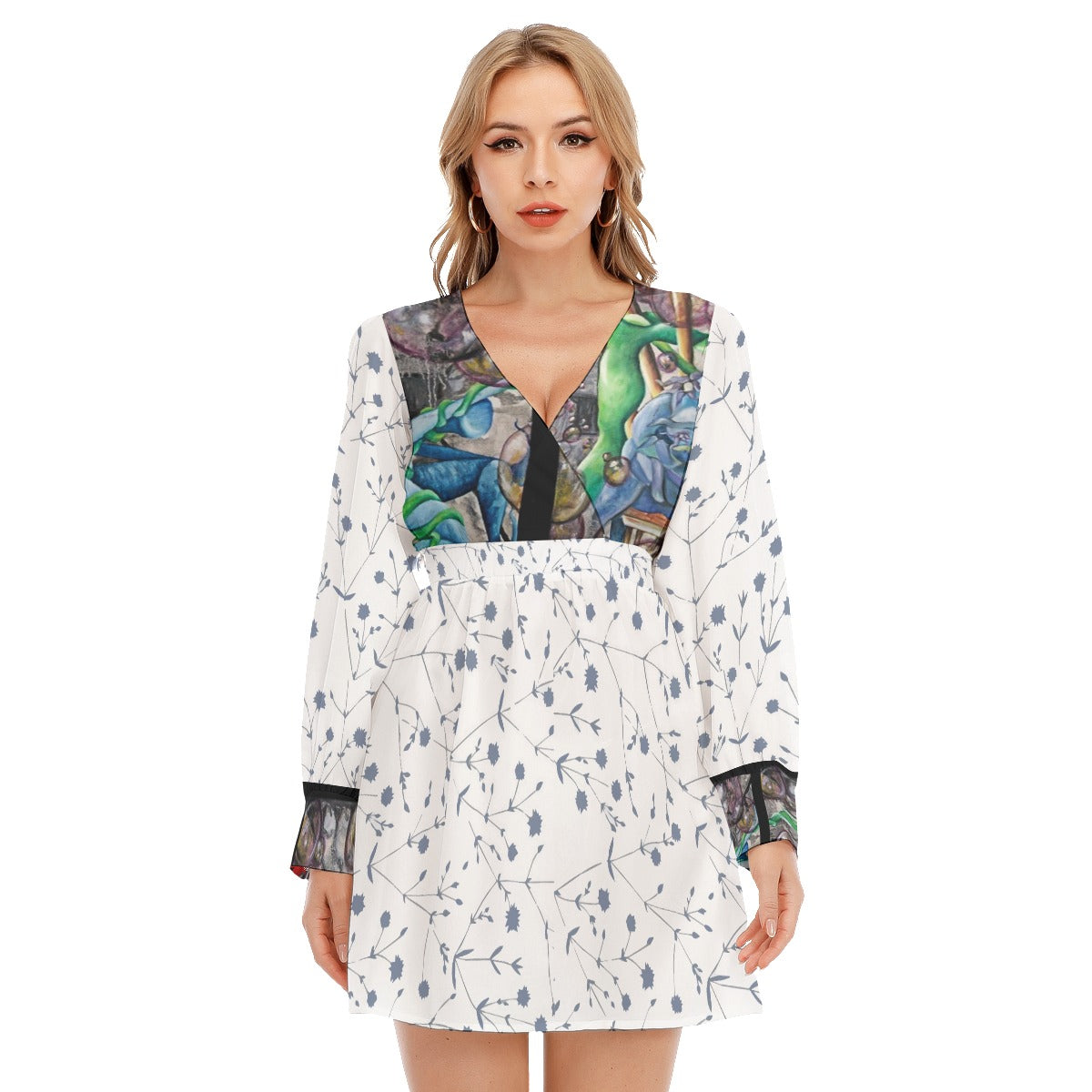 All-Over Print Women's Deep V-neck Front Cross Long Sleeve Dress Winter Collection 2023 by CRW